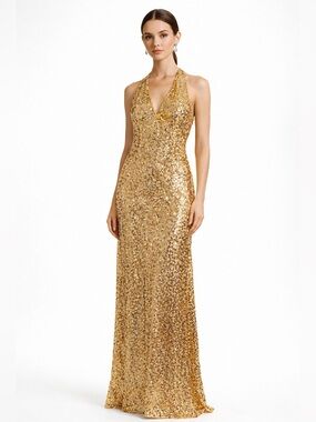 Forever Unique Couture Gold Sequin Halter Maxi Evening Gown. Retail $350 Size: 0